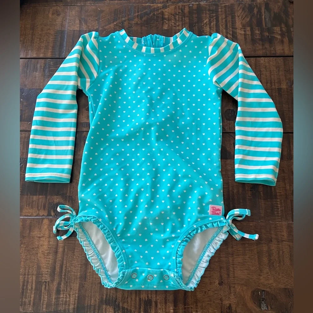 Ruffle Butts Aqua Heart Polka Dot One Piece Rash Guard Swimsuit size 3T